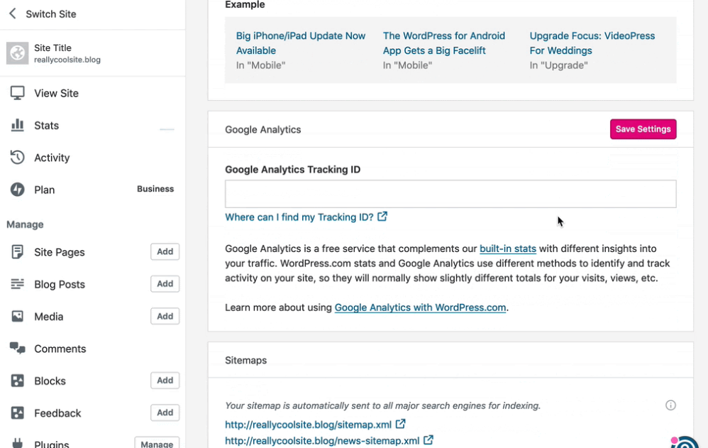 Schermata di connessione di Google Analytics a WordPress