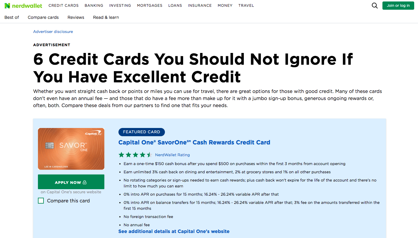 6 carte di credito che non dovresti ignorare se disponi di un credito eccellente di CapitalOne e NerdWallet