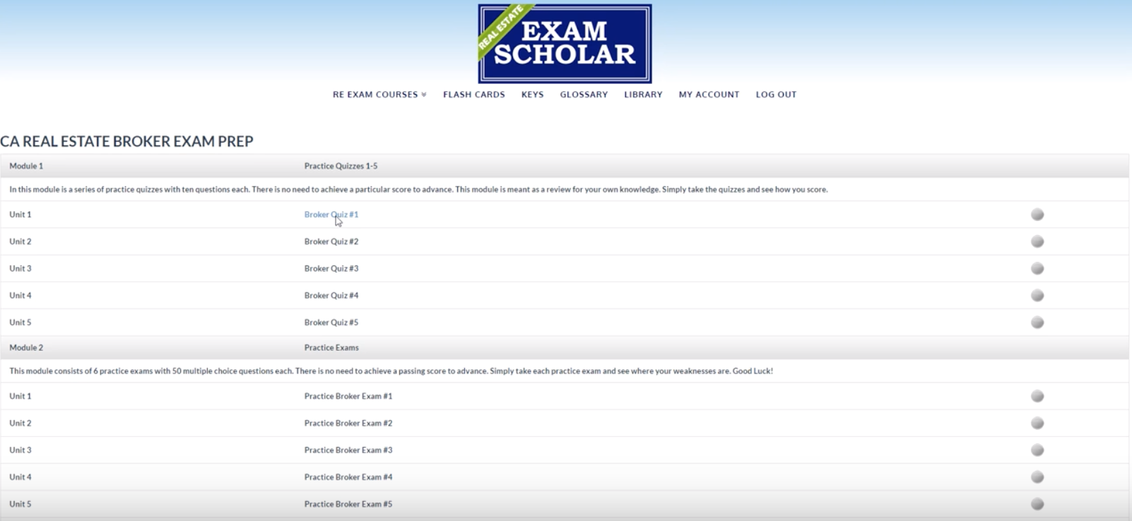 Screenshot of Real Estate Exam Scholar exam prep dashboard