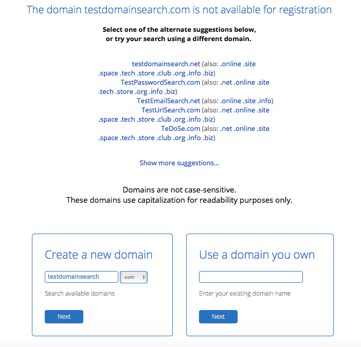 Bluehost domain selection page