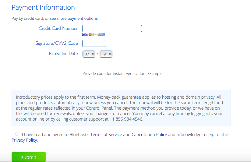 Bluehost Payment Information and Terms of Agreement page