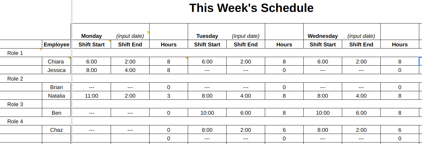 employee work week schedule template