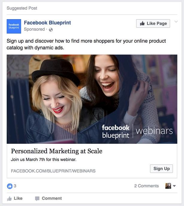 un exemple de l’annonce principale de Facebook