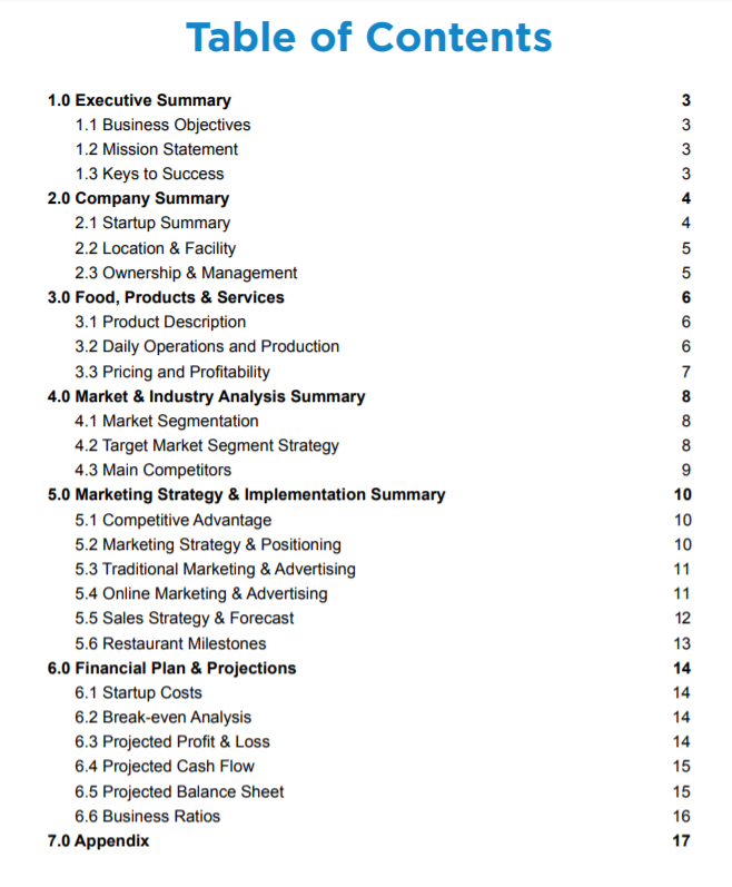 how to write a business plan table of contents