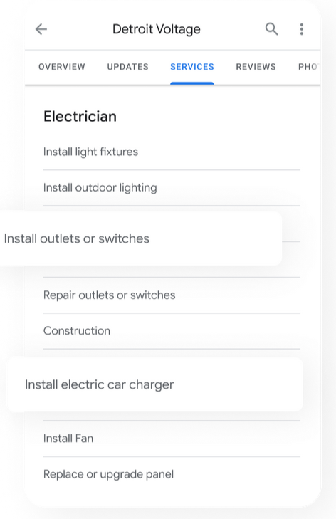Partial list of possible services on Google Business Profile.