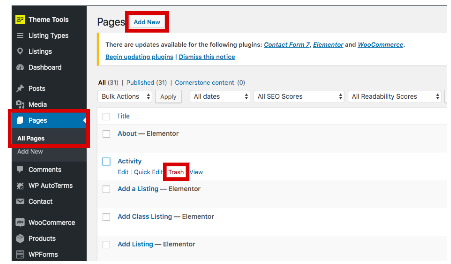 Aggiungi e rimuovi pagine in WordPress.