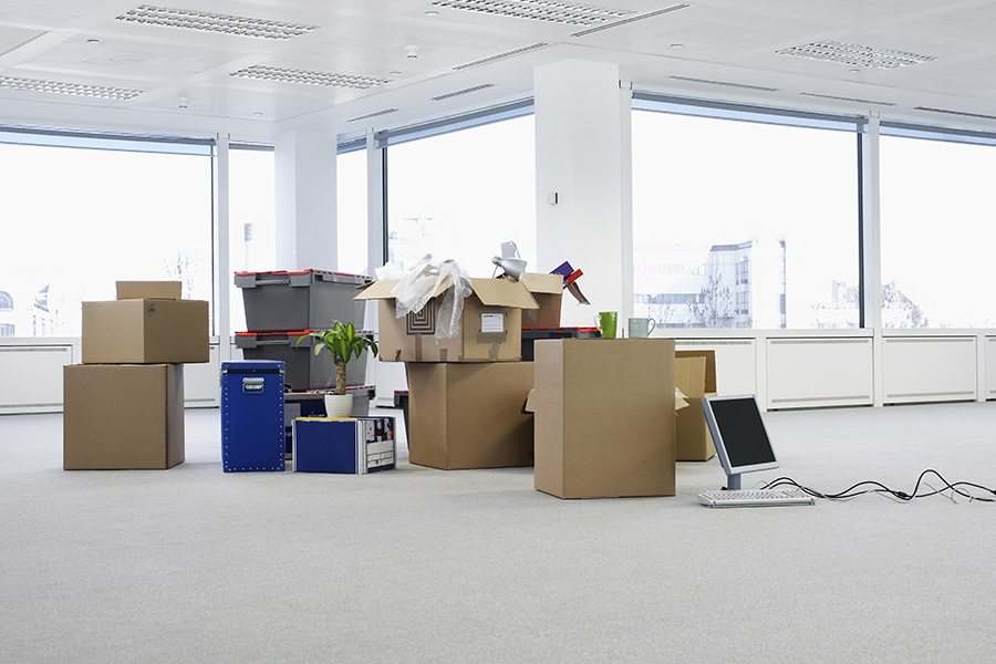 Moving Boxes And Furniture In Office.