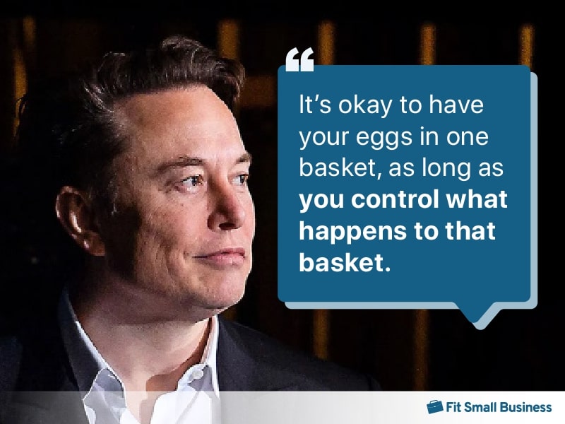 Picture of Elon Musk with the quote, "It’s okay to have your eggs in one basket, as long as you control what happens to that basket."