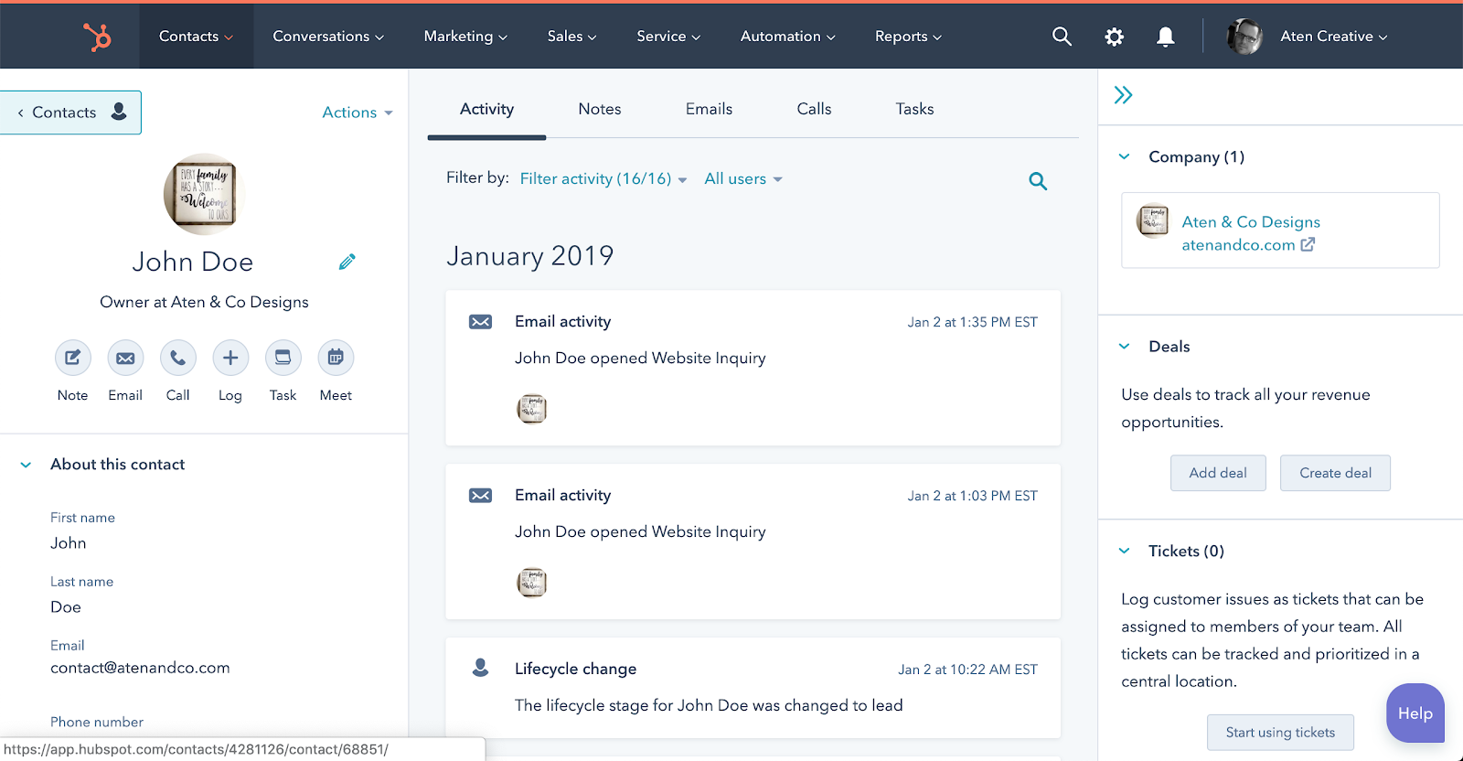 HubSpot lead profile and activity interface