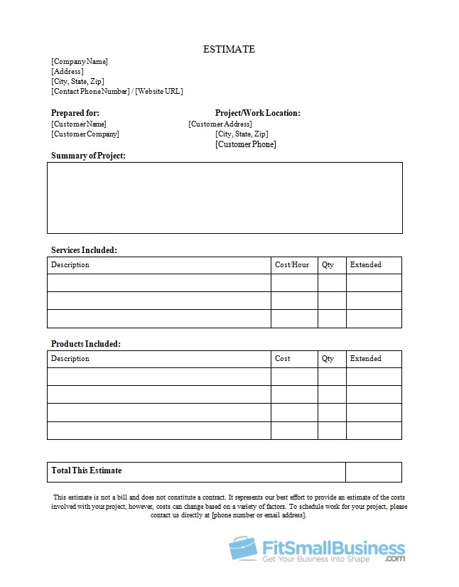 Example of the free estimate template provided by Fit Small Business
