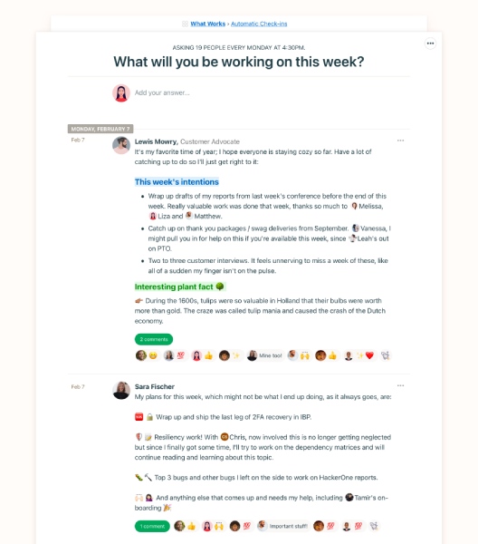 Basecamp’s "automatic check-ins" interface showing a question banner that says, "What will you be working on this week?" and comments of different users below the question