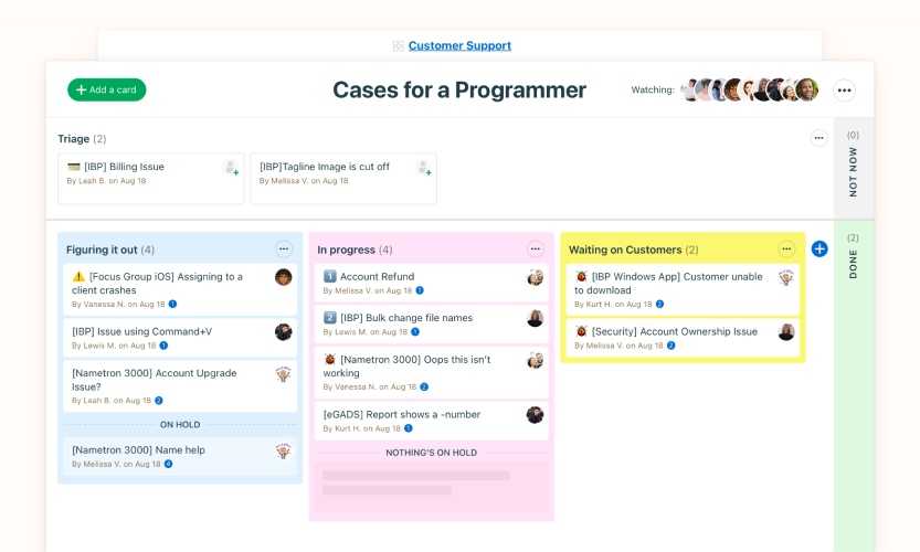 Basecamp’s card table view showing a Kanban workflow with the card headers "Figuring it out," "In progress," and "Waiting on Customers"