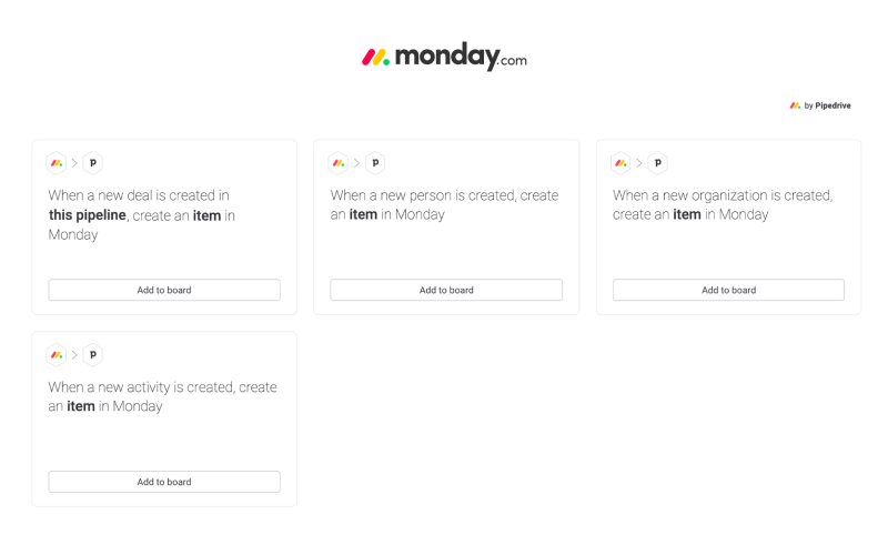 monday.com interface showing automation template cards