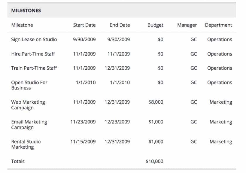 how to write milestones on business plan