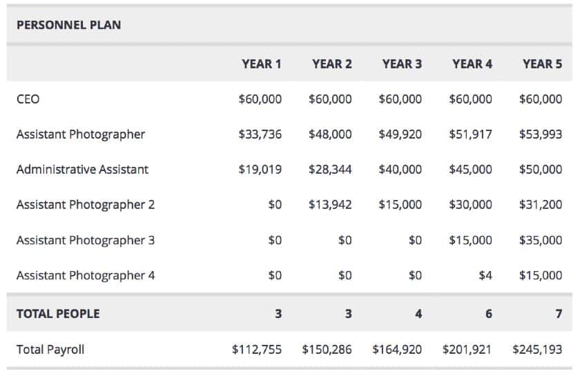 management and personnel components in business plan example