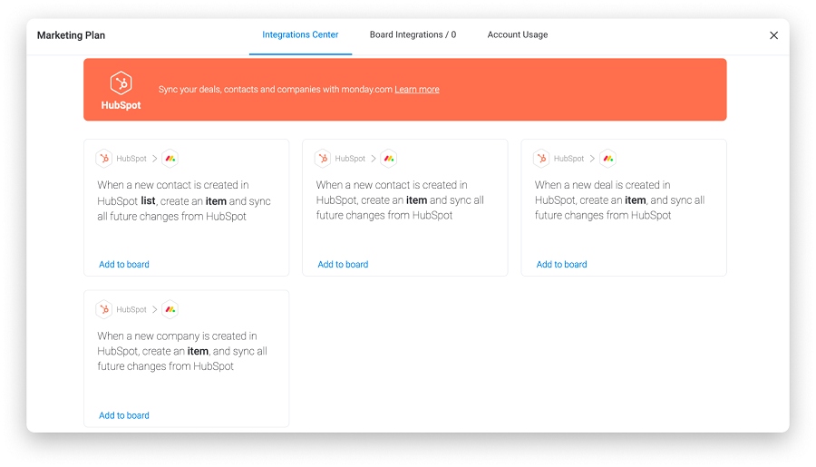 monday.com interface showing the Integrations Center that highlights HubSpot automation actions.