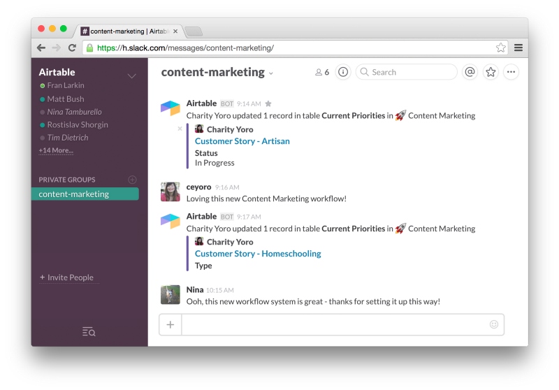 Slack interface showing a conversation thread on the private group "content-marketing," which has Airtable bot notifications