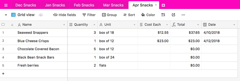 Airtable interface showing a grid view of "Apr Snacks".