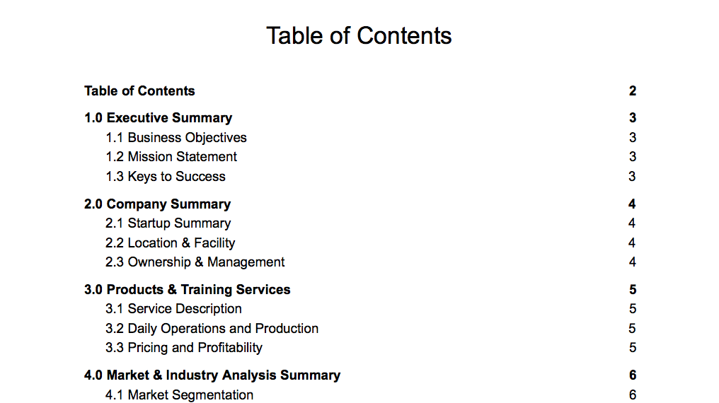 startup business plan table of contents