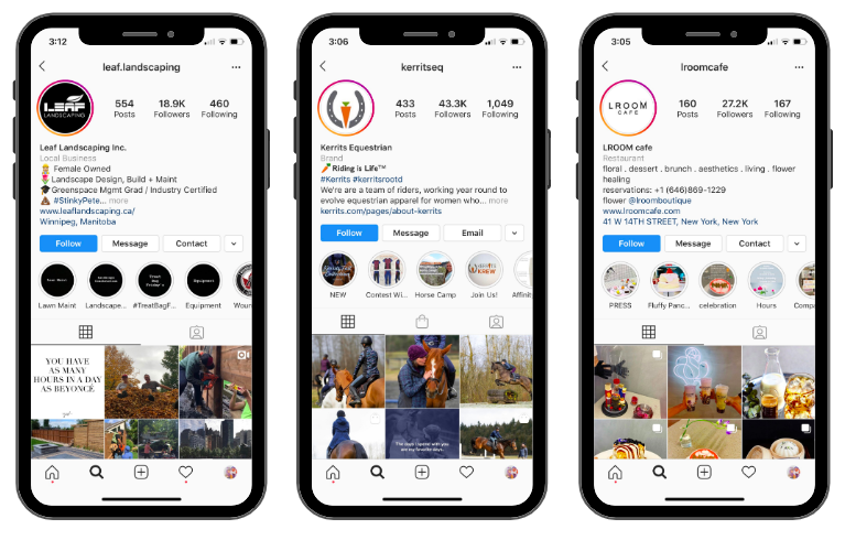 Ejemplos de cuentas de negocios de Instagram mostradas por tu teléfono 