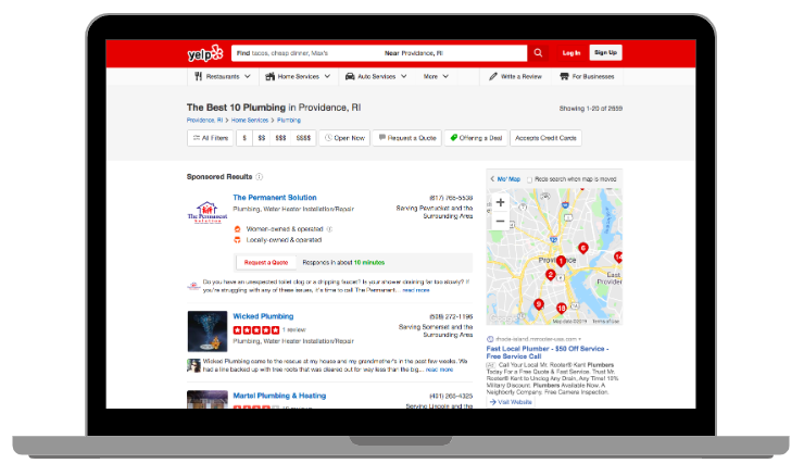 Ejemplo de una lista de vistas de escritorio de Yelp