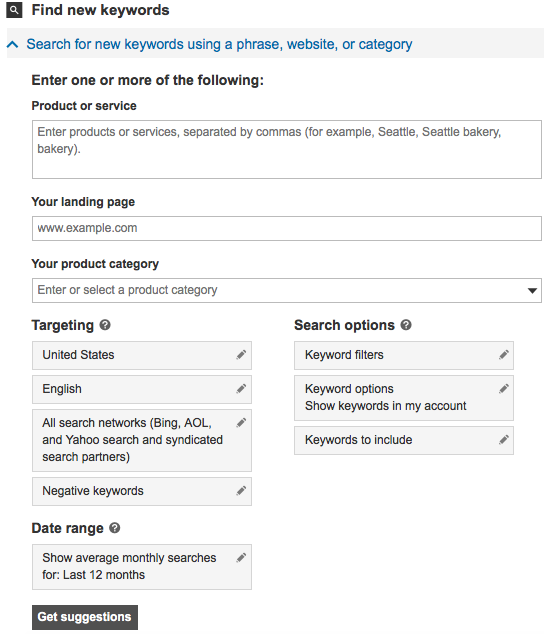 Ricerca di parole chiave utilizzando Microsoft Advertising Keyword Planner - esempio