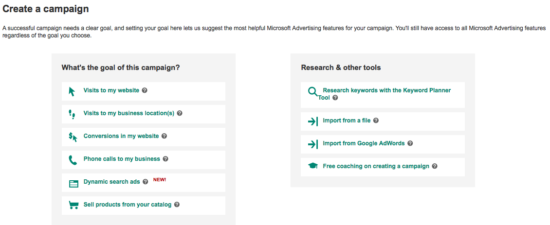 Opzioni obiettivo di Microsoft Advertising: informazioni grafiche