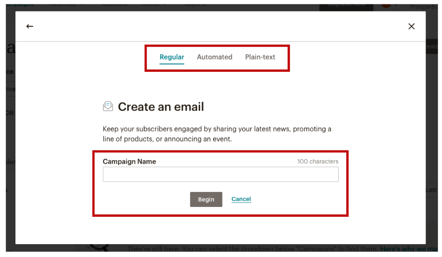 Configurer un type de campagne e-mail et un nom de campagne dans MailChimp