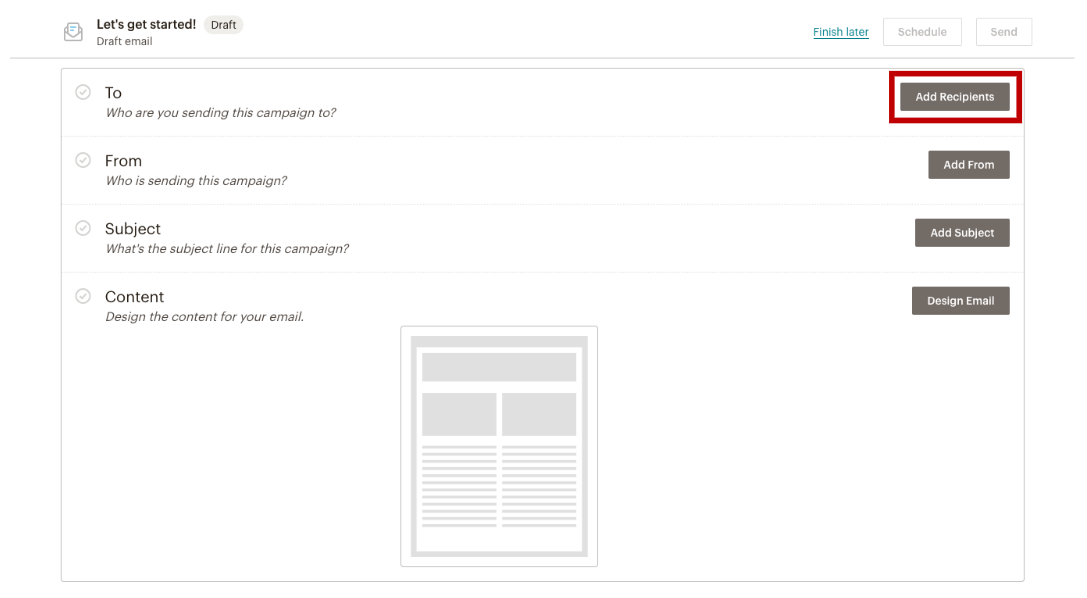 Interface mailchimp dans l’ajout de destinataires à la campagne