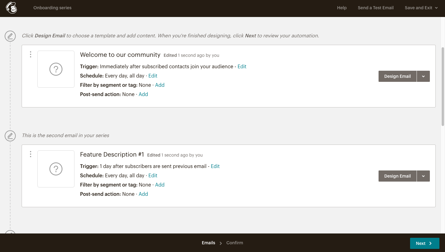 Interface de builder de campagne email mailchimp