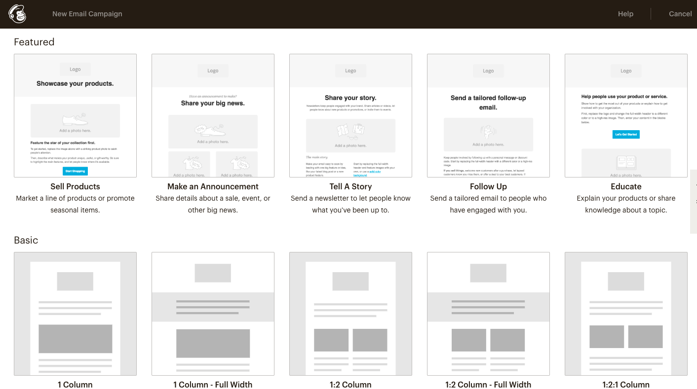 Sélection de l’interface de modèle de messagerie MailChimp