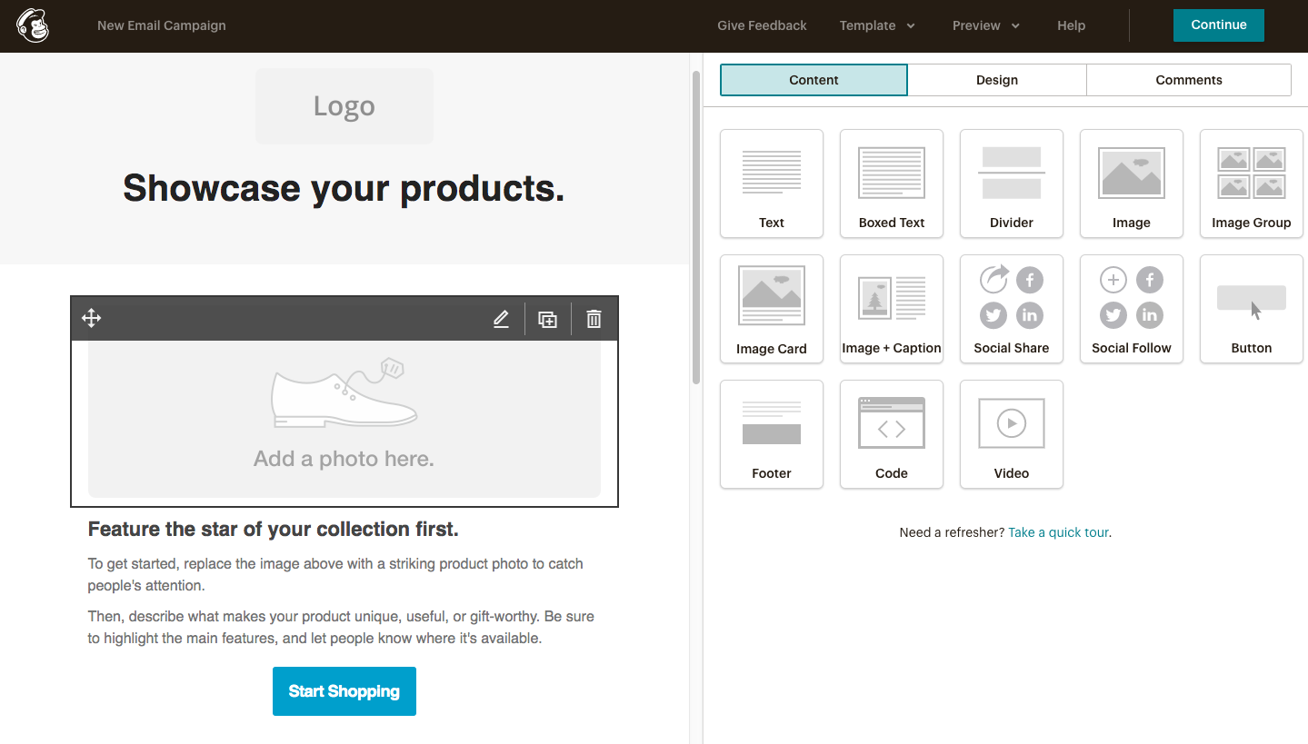 Interface d’édition de courrier électronique Mailchimp