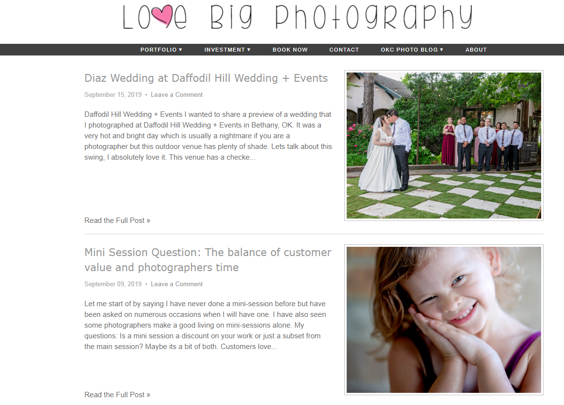 Love Big Photography uses its blog to showcase its photography services and offer photography tips