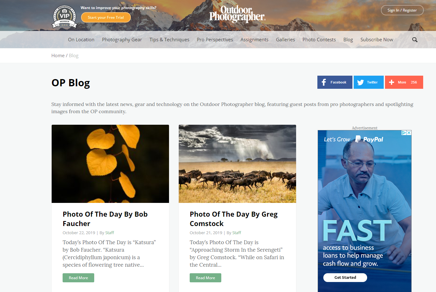 The Outdoor Photographer blog uses Google AdSense ads to help monetize its blog