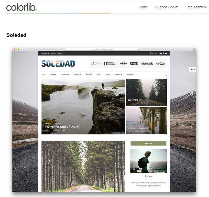 The Soledad WordPress theme from Colorlib is popular with photography bloggers