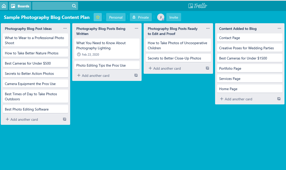 Sample Photography Blog Content Plan created on Trello