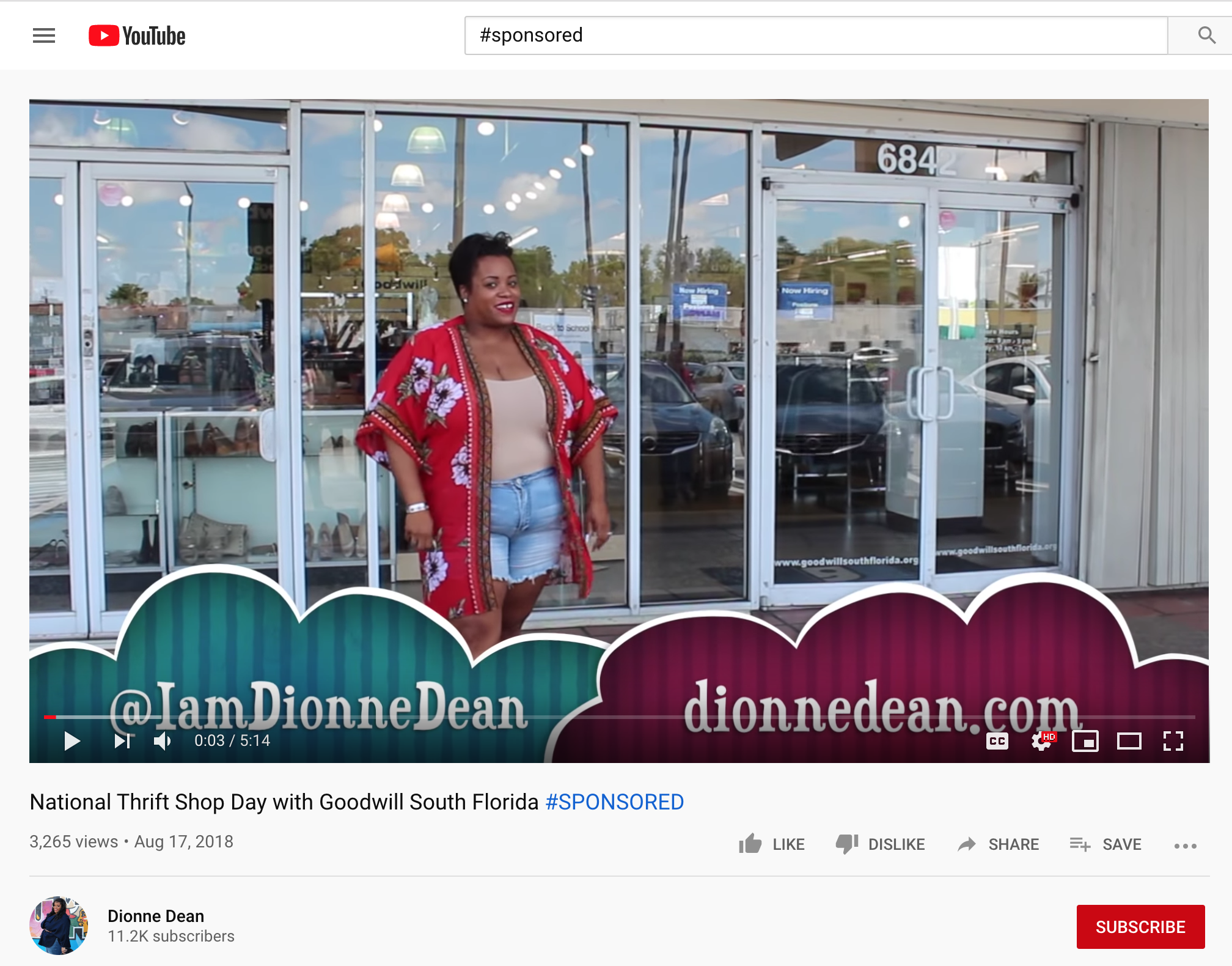 An example of a sponsored video collaboration between Dionne Dean and Goodwill - YouTube platform 