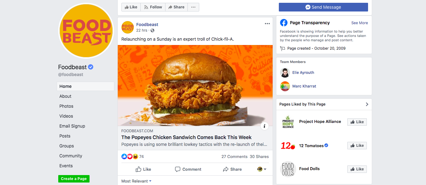 Food Beast page sur Facebook