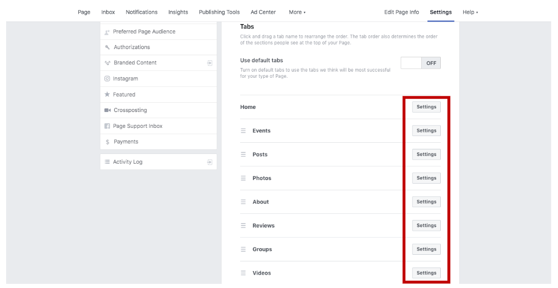 Add/Remove Facebook Business Page Tabs
