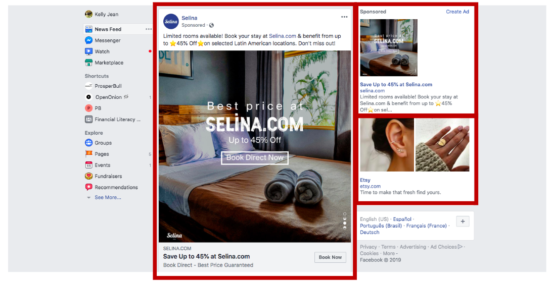 Fil d’actualité Facebook avec annonces