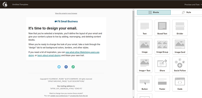 Mailchimp templates and premade content block elements.