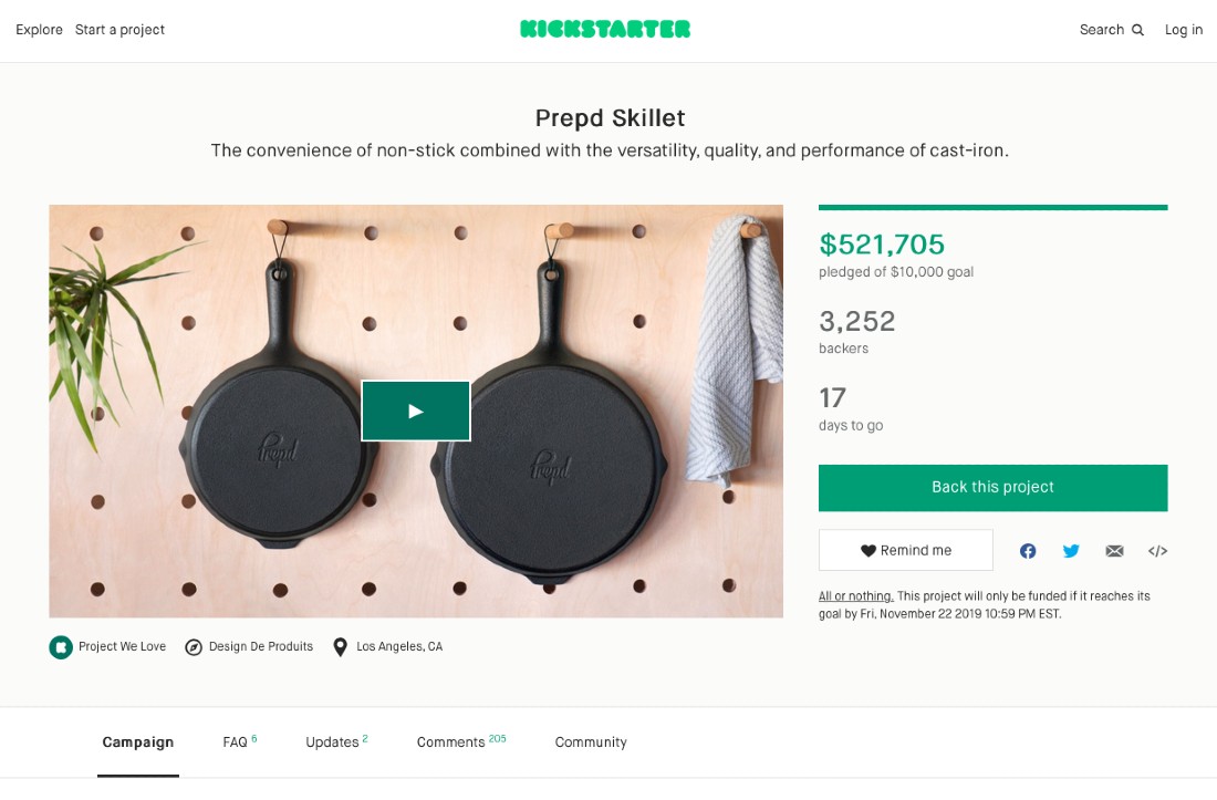 Screenshot of Prepd Skillet on Kickstarter