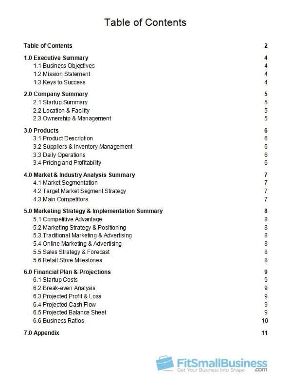 Business Plan Table Of Contents Template | Elcho Table