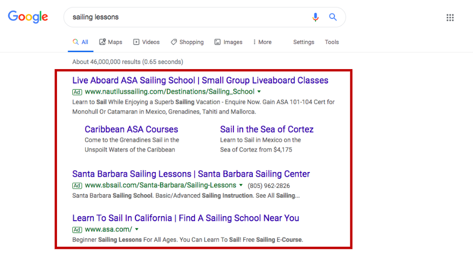 Example of Google Ads in search results