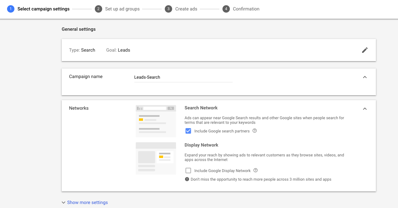 Input Campaign Name and Select Network for New Google Ad Campaign