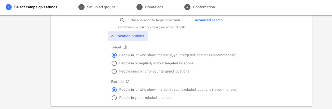 Impostazioni delle opzioni di posizione in Google Ads