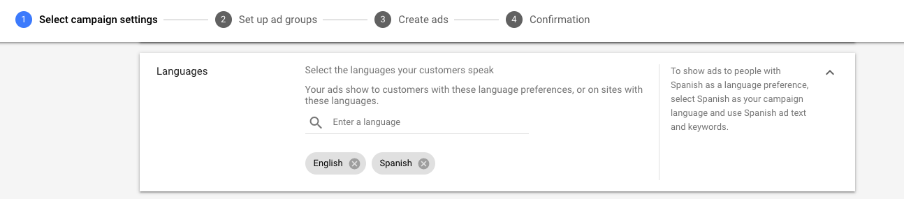 Sélectionnez les langues pour les annonces Google