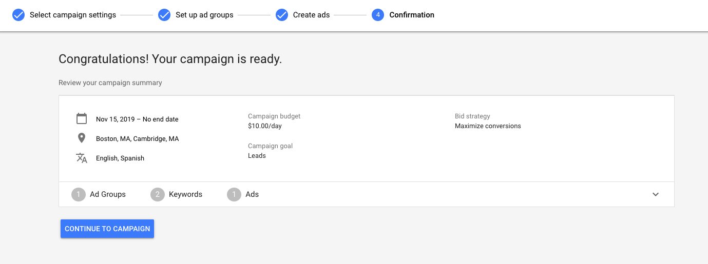 Google Ads Confirmation Page