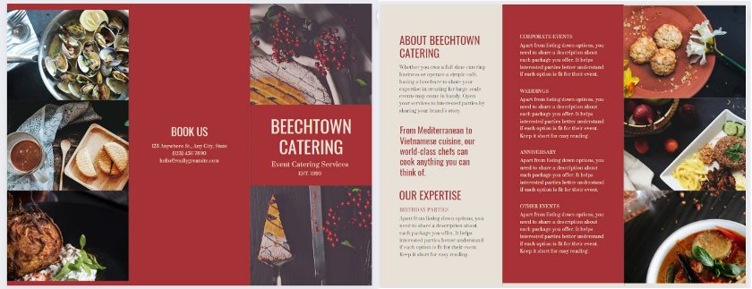 Canva catering brochures template with bold colors and images.