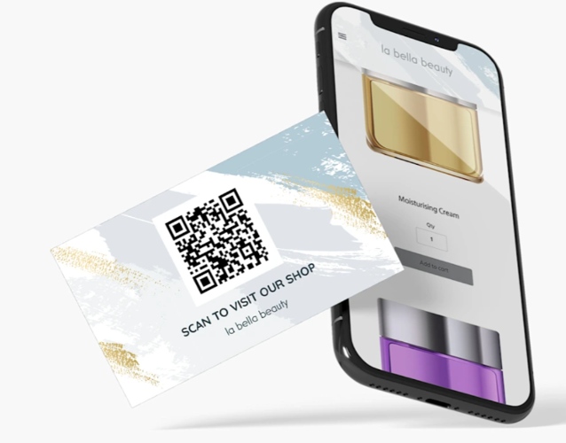 Vistaprint business card design with QR code.